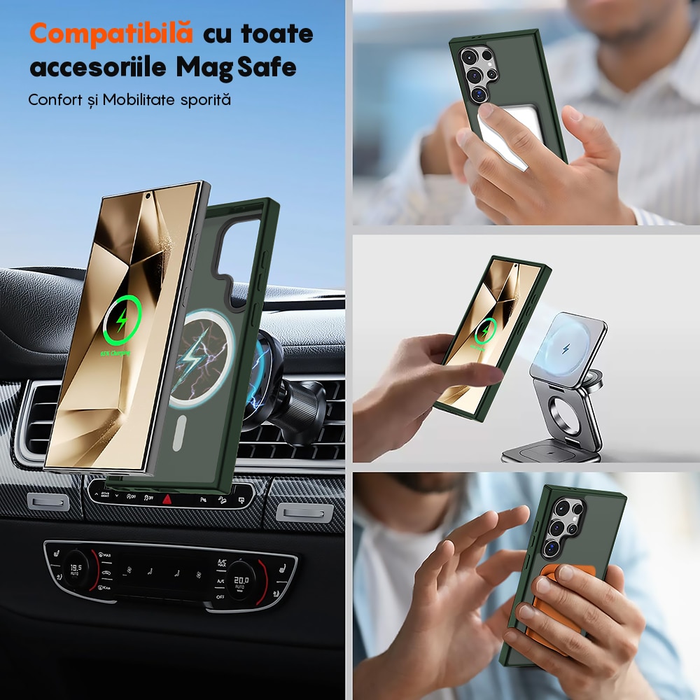 Husa compatibila cu Incarcare Magsafe pentru Samsung Galaxy S24 Ultra, CASEY STUDIOS™, de Protectie, Slim, pentru Incarcare Wireless, Margini Ridicate pentru Protectia Ecranului si a Camerelor, Verde