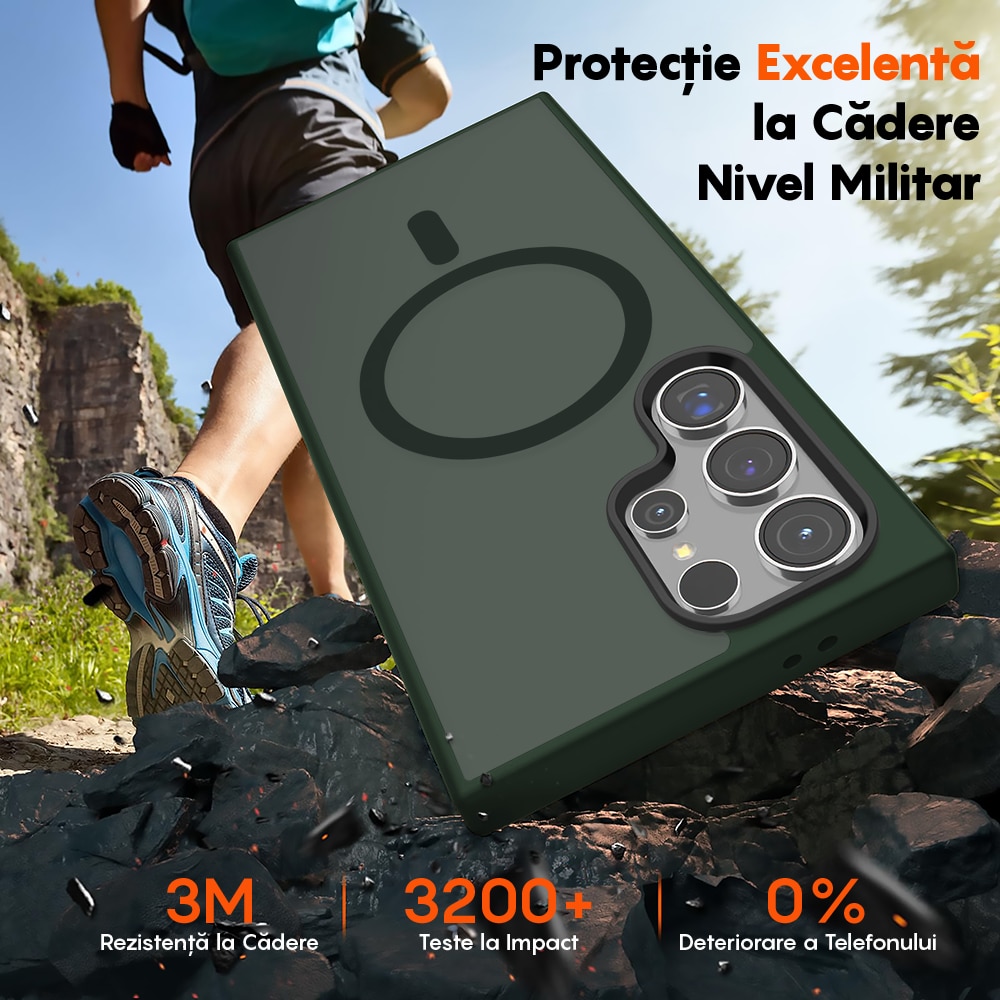 Husa compatibila cu Incarcare Magsafe pentru Samsung Galaxy S24 Ultra, CASEY STUDIOS™, de Protectie, Slim, pentru Incarcare Wireless, Margini Ridicate pentru Protectia Ecranului si a Camerelor, Verde