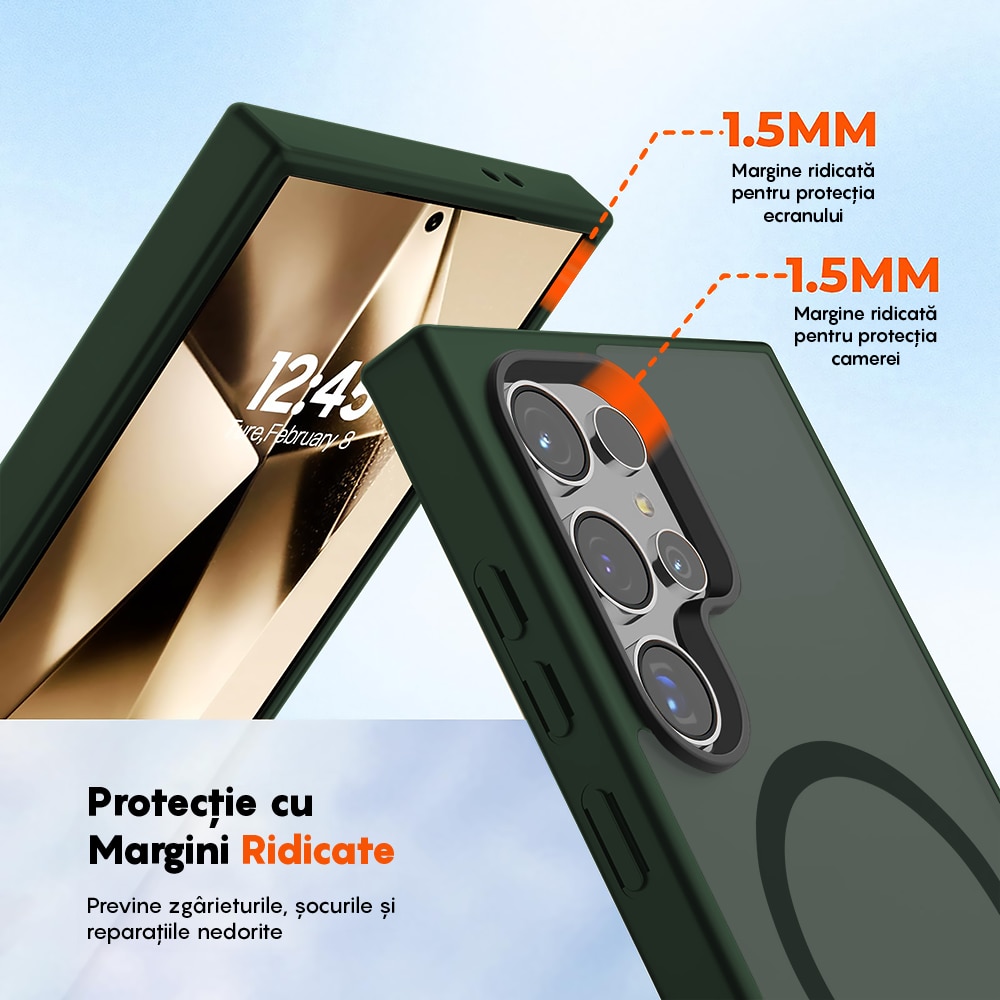 Husa compatibila cu Incarcare Magsafe pentru Samsung Galaxy S24 Ultra, CASEY STUDIOS™, de Protectie, Slim, pentru Incarcare Wireless, Margini Ridicate pentru Protectia Ecranului si a Camerelor, Verde