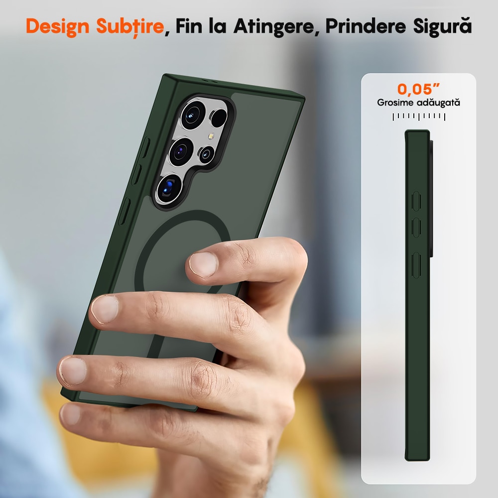 Husa compatibila cu Incarcare Magsafe pentru Samsung Galaxy S24 Ultra, CASEY STUDIOS™, de Protectie, Slim, pentru Incarcare Wireless, Margini Ridicate pentru Protectia Ecranului si a Camerelor, Verde