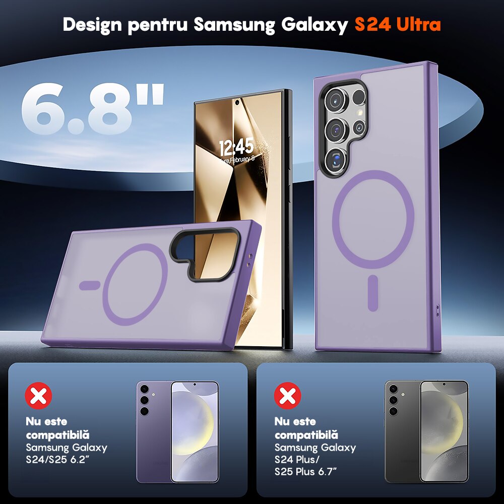 Husa compatibila cu Incarcare Magsafe pentru Samsung Galaxy S24 Ultra, CASEY STUDIOS™, de Protectie, Slim, pentru Incarcare Wireless, Margini Ridicate pentru Protectia Ecranului si a Camerelor, Mov Deschis