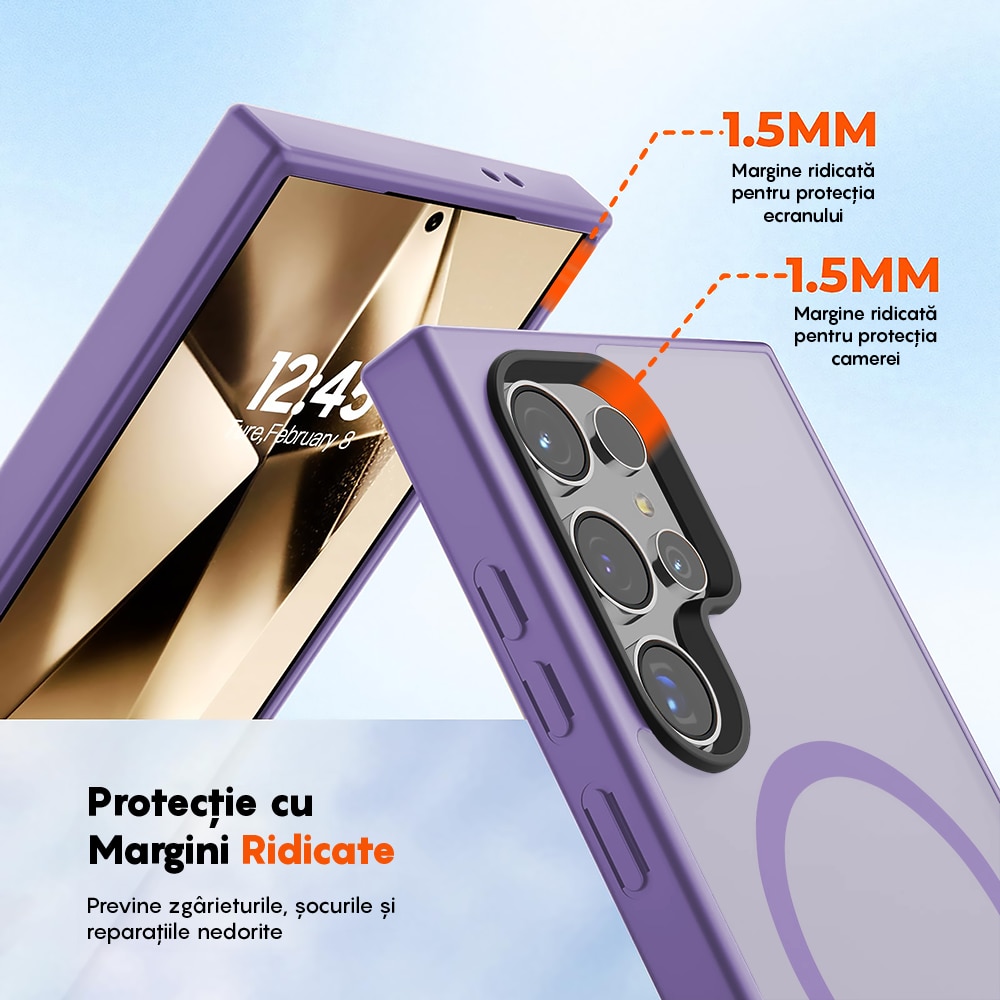 Husa compatibila cu Incarcare Magsafe pentru Samsung Galaxy S24 Ultra, CASEY STUDIOS™, de Protectie, Slim, pentru Incarcare Wireless, Margini Ridicate pentru Protectia Ecranului si a Camerelor, Mov Deschis