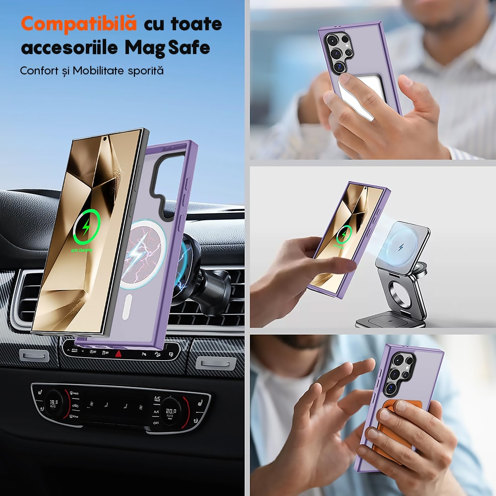 Husa compatibila cu Incarcare Magsafe pentru Samsung Galaxy S24 Ultra, CASEY STUDIOS™, de Protectie, Slim, pentru Incarcare Wireless, Margini Ridicate pentru Protectia Ecranului si a Camerelor, Mov Deschis