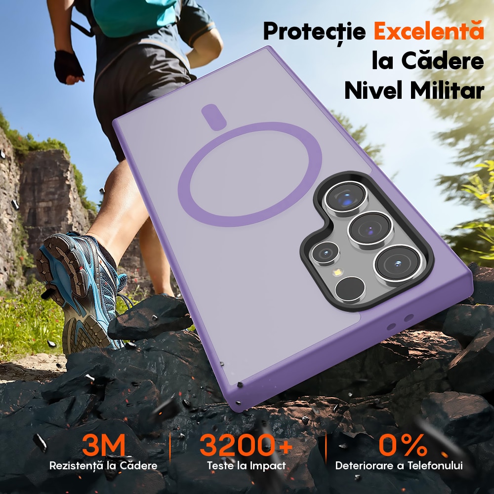 Husa compatibila cu Incarcare Magsafe pentru Samsung Galaxy S24 Ultra, CASEY STUDIOS™, de Protectie, Slim, pentru Incarcare Wireless, Margini Ridicate pentru Protectia Ecranului si a Camerelor, Mov Deschis