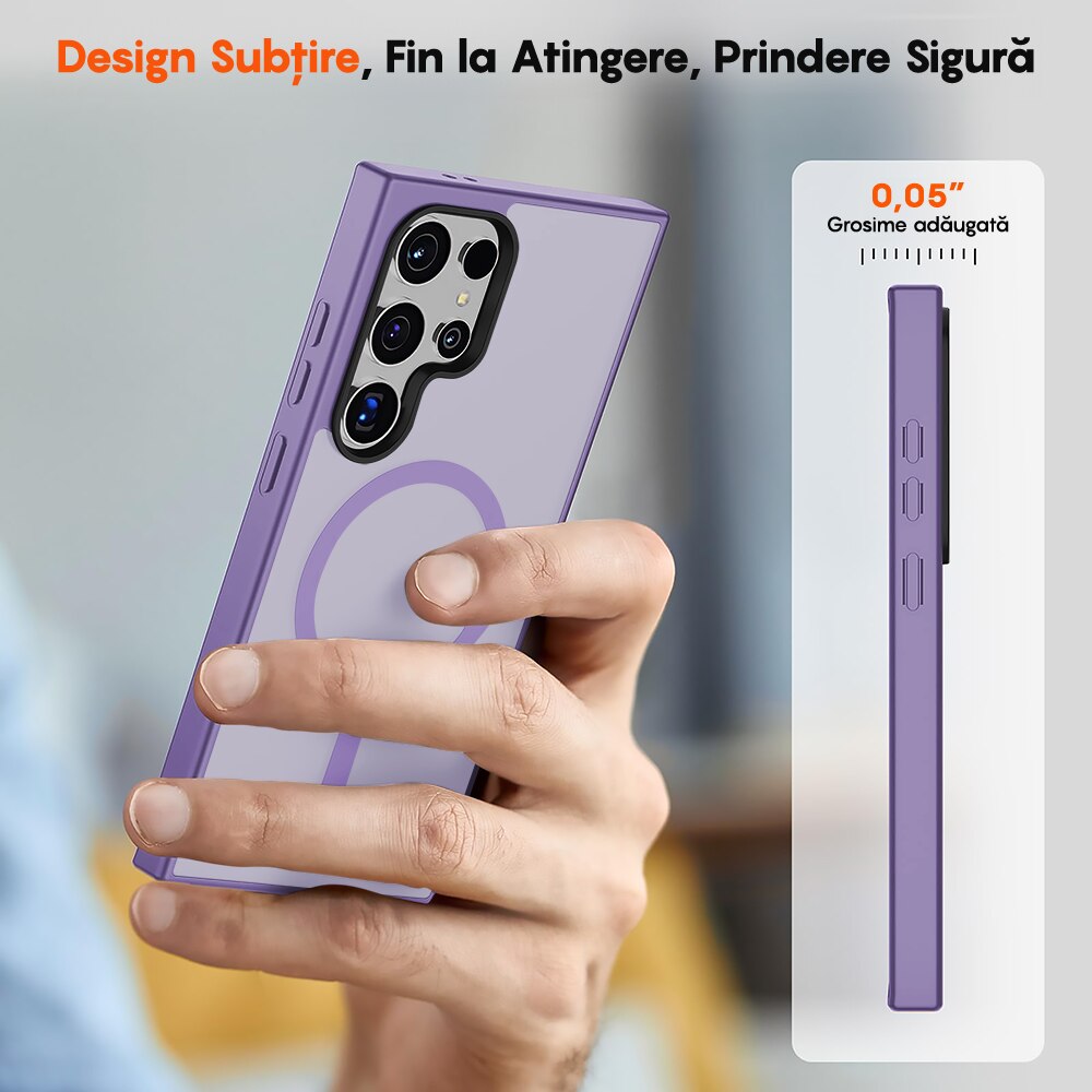 Husa compatibila cu Incarcare Magsafe pentru Samsung Galaxy S24 Ultra, CASEY STUDIOS™, de Protectie, Slim, pentru Incarcare Wireless, Margini Ridicate pentru Protectia Ecranului si a Camerelor, Mov Deschis