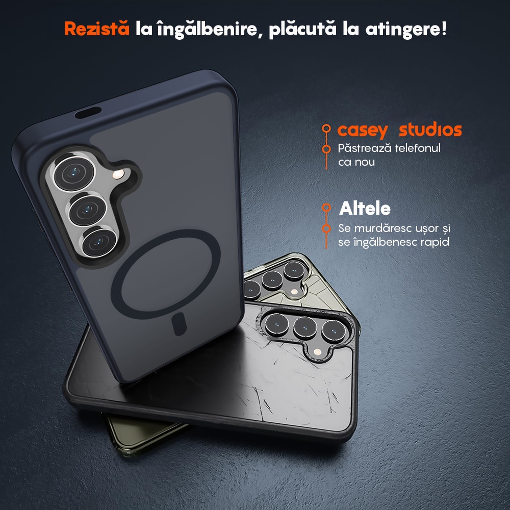 Husa compatibila cu Incarcare Magsafe pentru Samsung Galaxy S25, CASEY STUDIOS™, de Protectie, Slim, pentru Incarcare Wireless, Margini Ridicate pentru Protectia Ecranului si a Camerelor, Albrastru