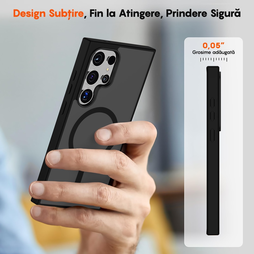 Husa compatibila cu Incarcare Magsafe pentru Samsung Galaxy S24 Ultra, CASEY STUDIOS™, de Protectie, Slim, pentru Incarcare Wireless, Margini Ridicate pentru Protectia Ecranului si a Camerelor, Negru