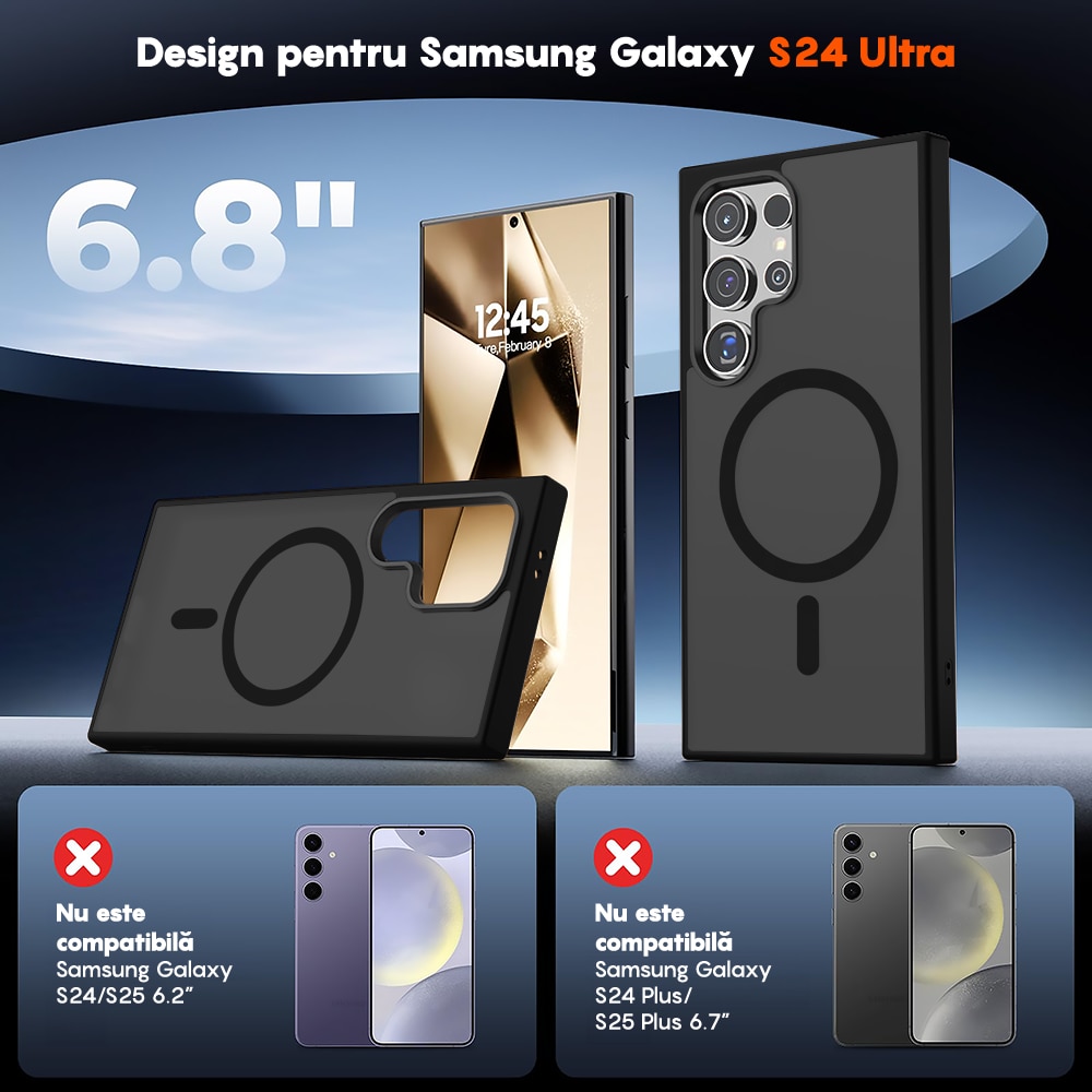 Husa compatibila cu Incarcare Magsafe pentru Samsung Galaxy S24 Ultra, CASEY STUDIOS™, de Protectie, Slim, pentru Incarcare Wireless, Margini Ridicate pentru Protectia Ecranului si a Camerelor, Negru