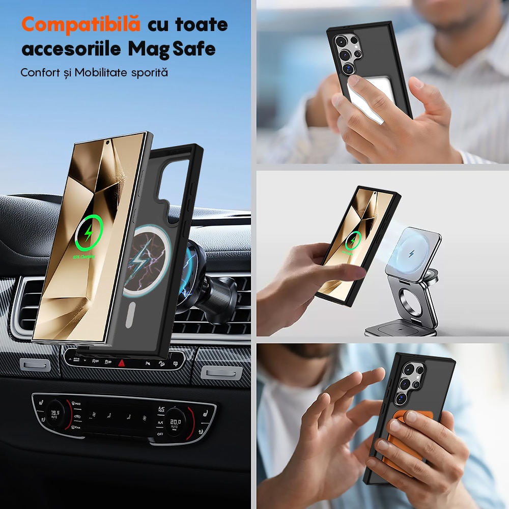 Husa compatibila cu Incarcare Magsafe pentru Samsung Galaxy S24 Ultra, CASEY STUDIOS™, de Protectie, Slim, pentru Incarcare Wireless, Margini Ridicate pentru Protectia Ecranului si a Camerelor, Negru