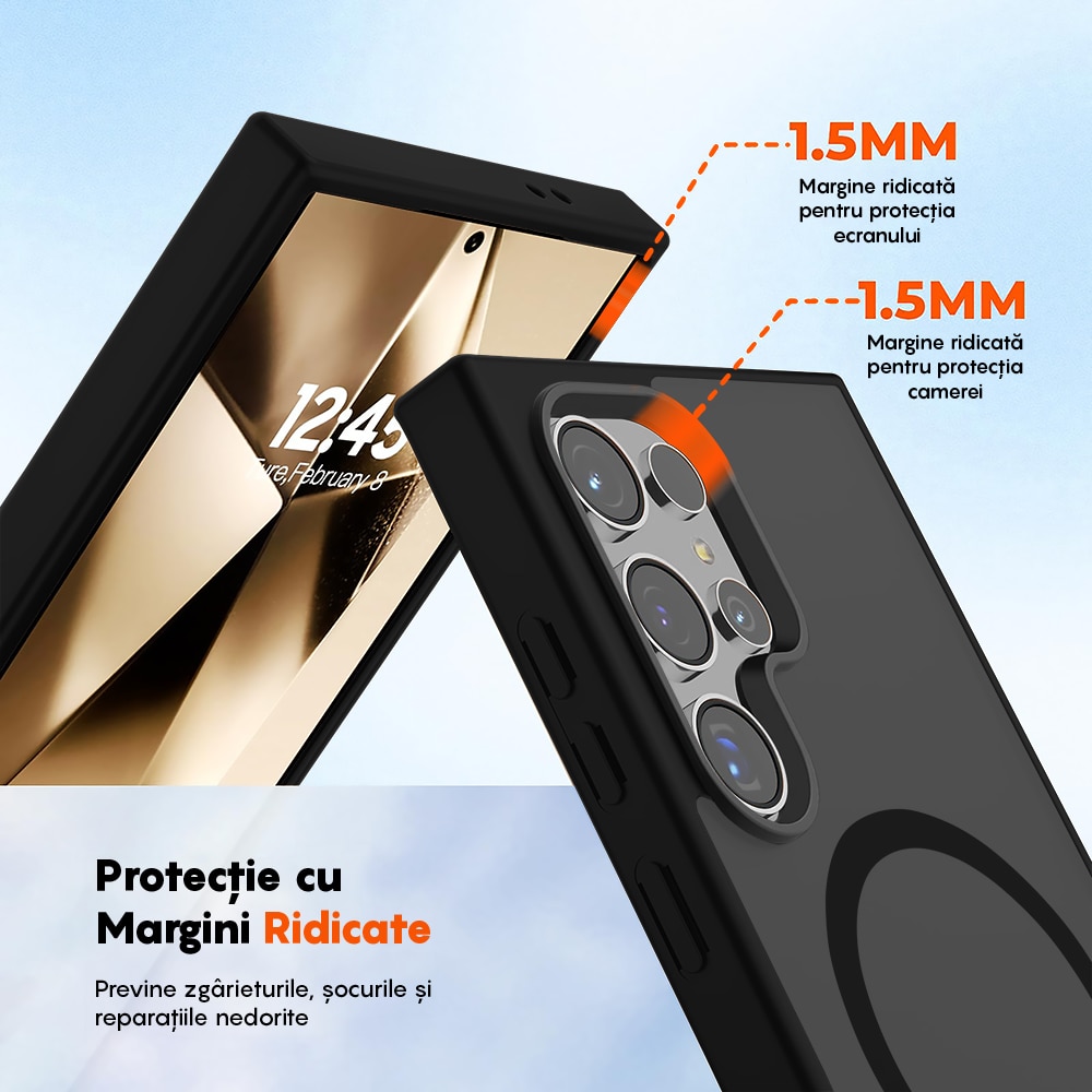 Husa compatibila cu Incarcare Magsafe pentru Samsung Galaxy S24 Ultra, CASEY STUDIOS™, de Protectie, Slim, pentru Incarcare Wireless, Margini Ridicate pentru Protectia Ecranului si a Camerelor, Negru