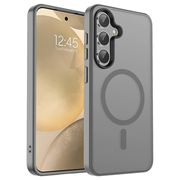 Husa compatibila cu Incarcare Magsafe pentru Samsung Galaxy S24, CASEY STUDIOS™, de Protectie, Slim, pentru Incarcare Wireless, Margini Ridicate pentru Protectia Ecranului si a Camerelor, Gri Deschis