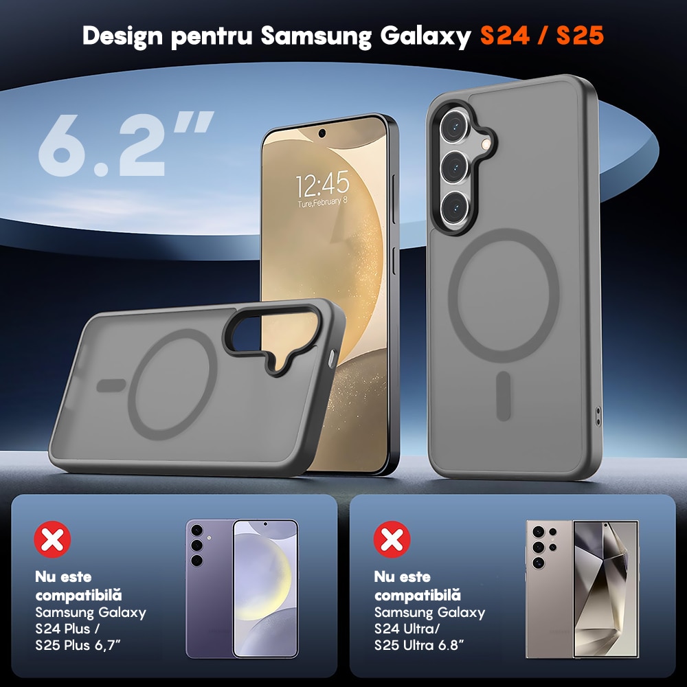 Husa compatibila cu Incarcare Magsafe pentru Samsung Galaxy S24, CASEY STUDIOS™, de Protectie, Slim, pentru Incarcare Wireless, Margini Ridicate pentru Protectia Ecranului si a Camerelor, Gri Deschis