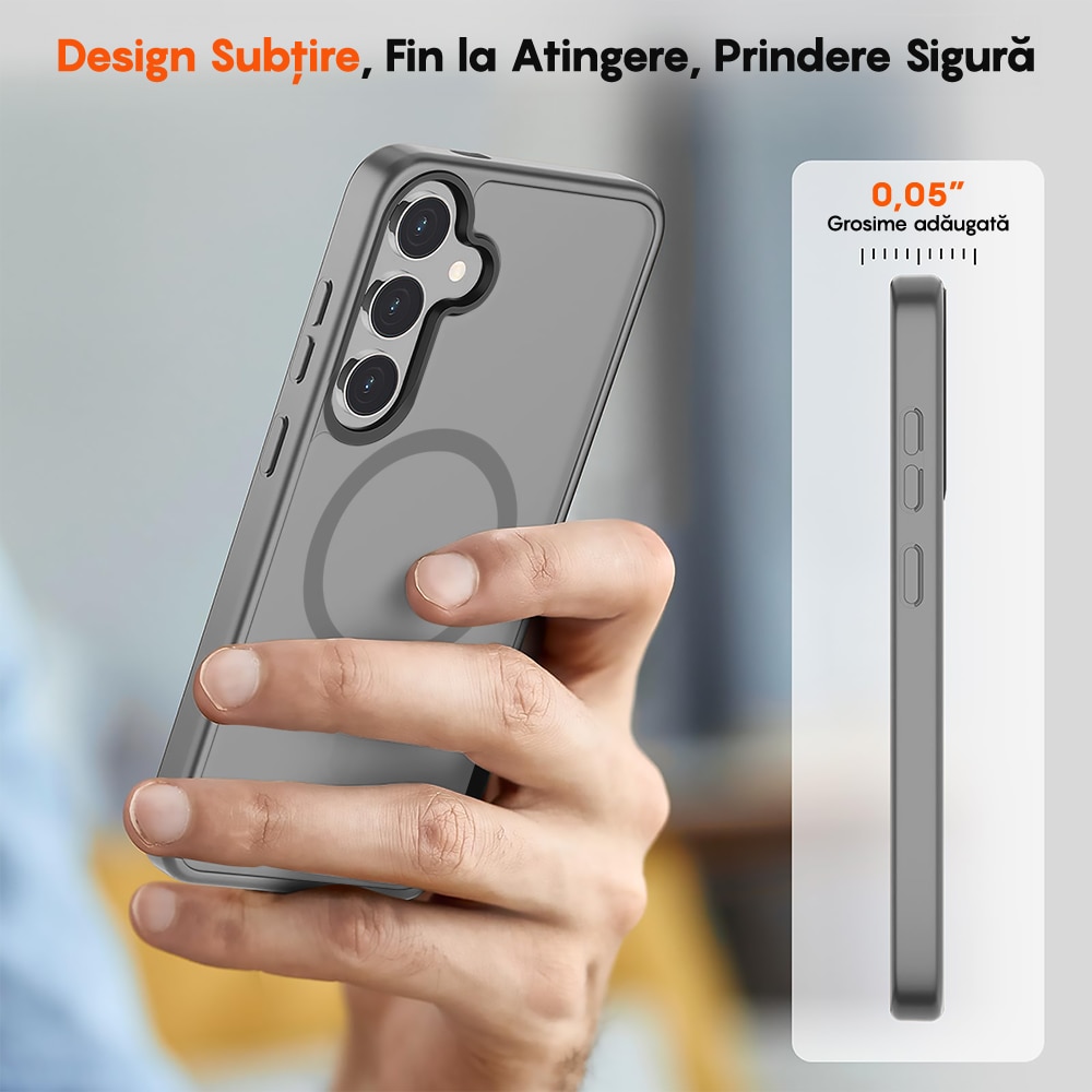 Husa compatibila cu Incarcare Magsafe pentru Samsung Galaxy S24, CASEY STUDIOS™, de Protectie, Slim, pentru Incarcare Wireless, Margini Ridicate pentru Protectia Ecranului si a Camerelor, Gri Deschis
