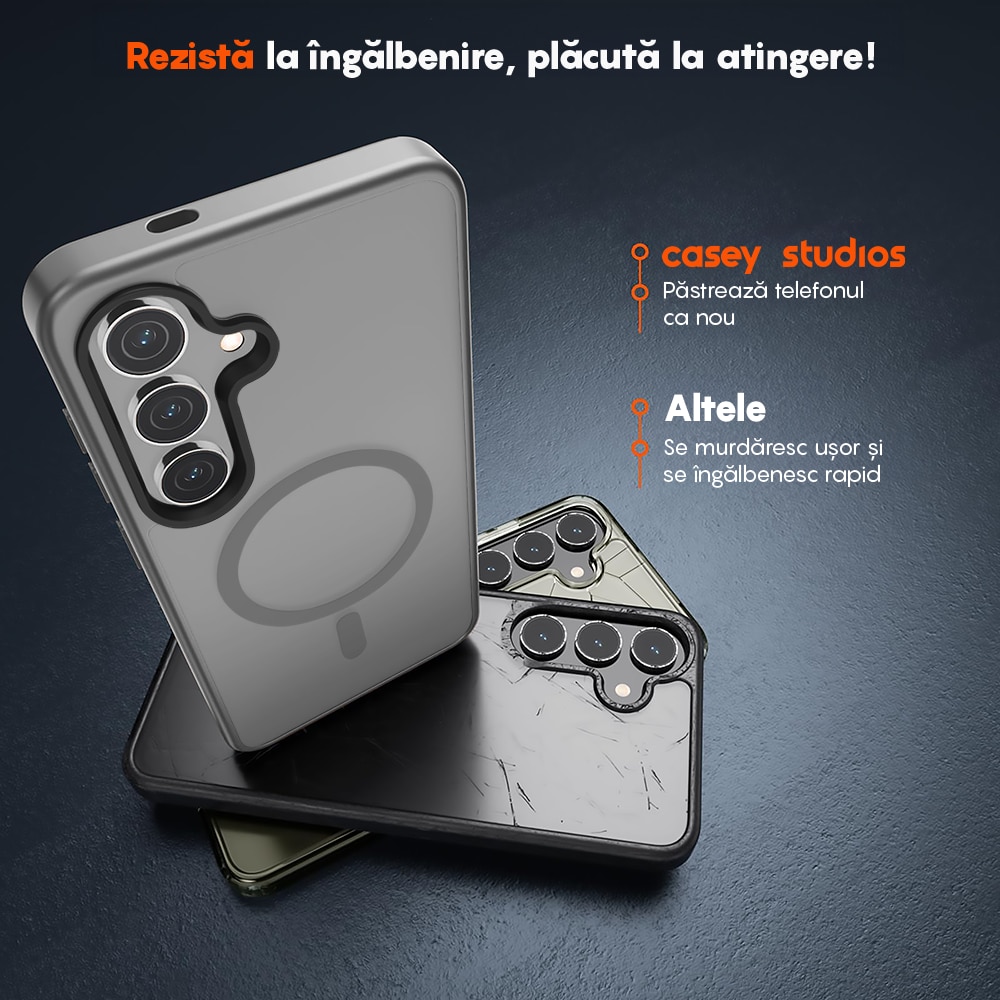 Husa compatibila cu Incarcare Magsafe pentru Samsung Galaxy S25, CASEY STUDIOS™, de Protectie, Slim, pentru Incarcare Wireless, Margini Ridicate pentru Protectia Ecranului si a Camerelor, Gri Deschis