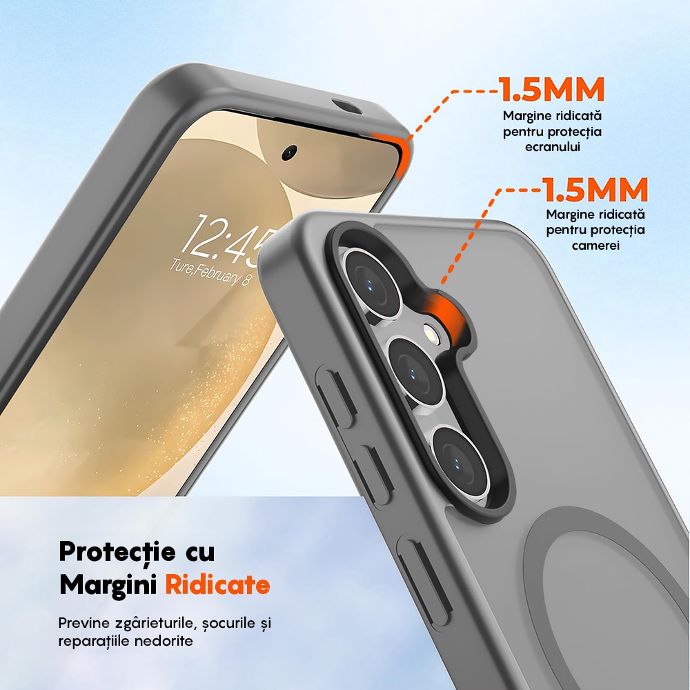 Husa compatibila cu Incarcare Magsafe pentru Samsung Galaxy S24, CASEY STUDIOS™, de Protectie, Slim, pentru Incarcare Wireless, Margini Ridicate pentru Protectia Ecranului si a Camerelor, Gri Deschis