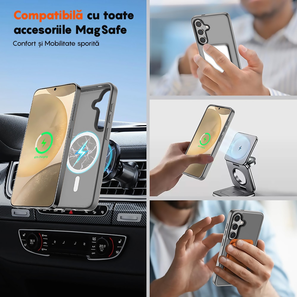 Husa compatibila cu Incarcare Magsafe pentru Samsung Galaxy S24, CASEY STUDIOS™, de Protectie, Slim, pentru Incarcare Wireless, Margini Ridicate pentru Protectia Ecranului si a Camerelor, Gri Deschis