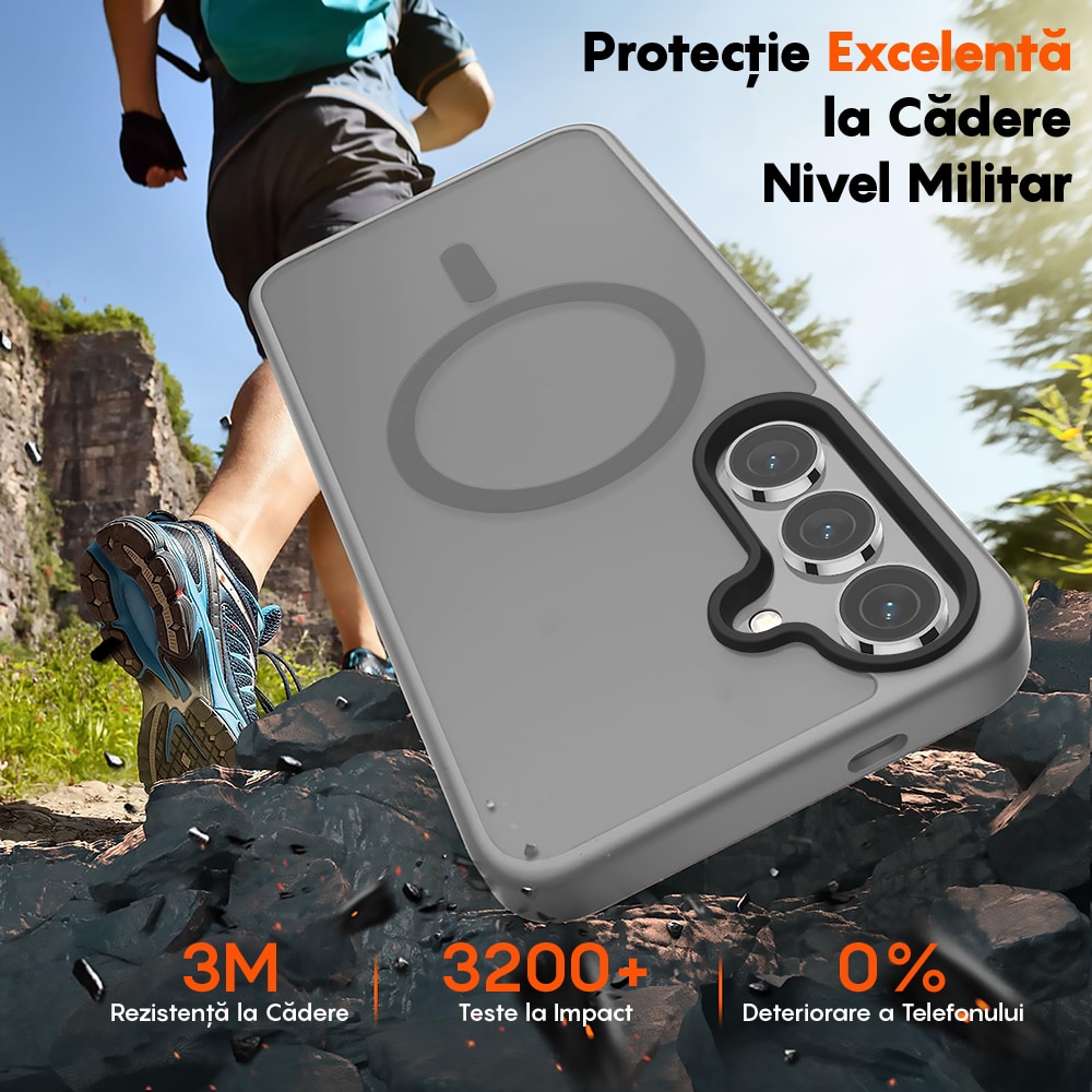 Husa compatibila cu Incarcare Magsafe pentru Samsung Galaxy S24, CASEY STUDIOS™, de Protectie, Slim, pentru Incarcare Wireless, Margini Ridicate pentru Protectia Ecranului si a Camerelor, Gri Deschis