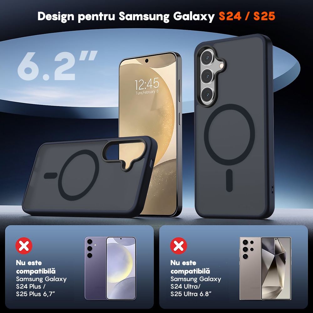 Husa compatibila cu Incarcare Magsafe pentru Samsung Galaxy S25, CASEY STUDIOS™, de Protectie, Slim, pentru Incarcare Wireless, Margini Ridicate pentru Protectia Ecranului si a Camerelor, Albrastru