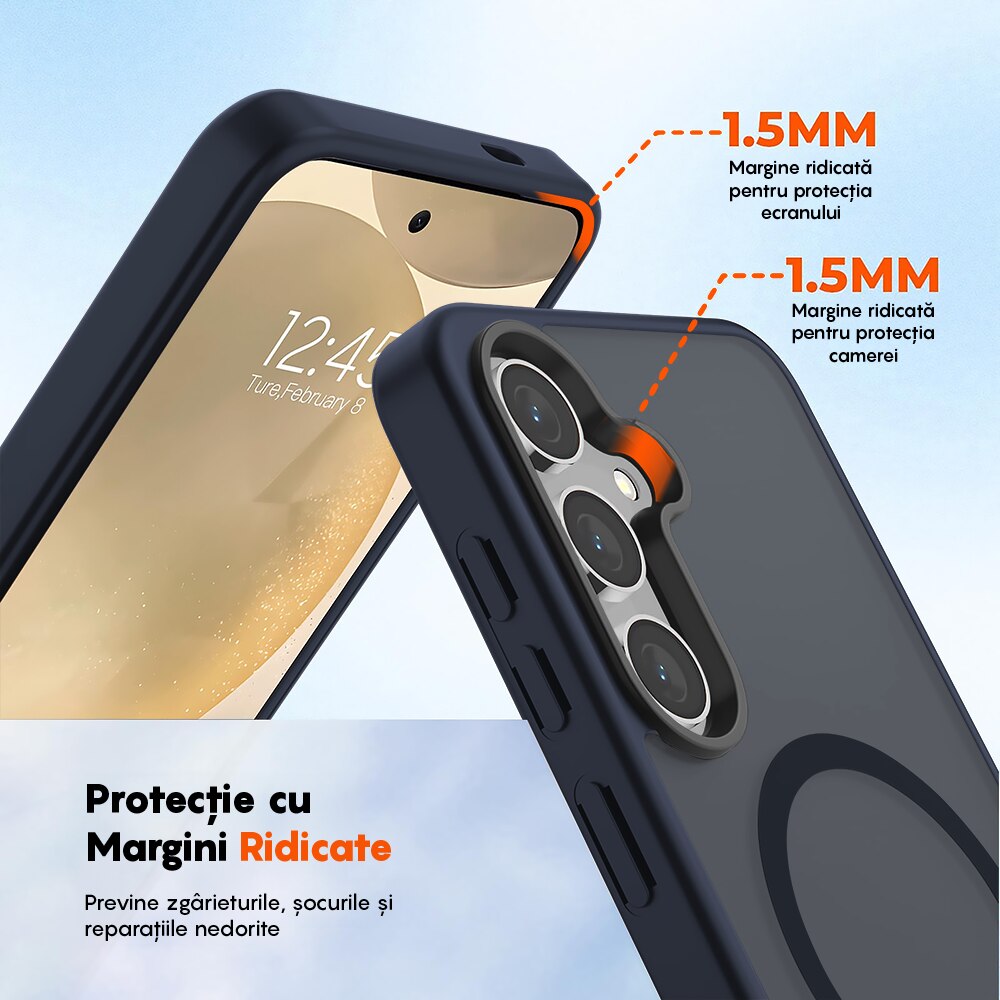 Husa compatibila cu Incarcare Magsafe pentru Samsung Galaxy S25, CASEY STUDIOS™, de Protectie, Slim, pentru Incarcare Wireless, Margini Ridicate pentru Protectia Ecranului si a Camerelor, Albrastru