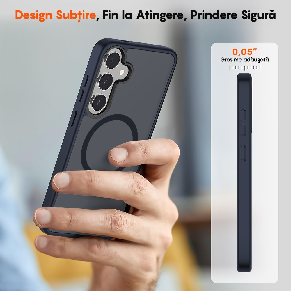 Husa compatibila cu Incarcare Magsafe pentru Samsung Galaxy S25, CASEY STUDIOS™, de Protectie, Slim, pentru Incarcare Wireless, Margini Ridicate pentru Protectia Ecranului si a Camerelor, Albrastru