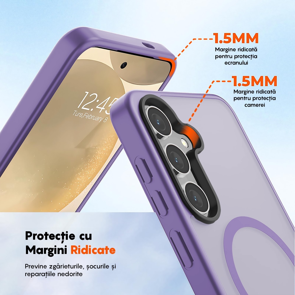 Husa compatibila cu Incarcare Magsafe pentru Samsung Galaxy S24, CASEY STUDIOS™, de Protectie, Slim, pentru Incarcare Wireless, Margini Ridicate pentru Protectia Ecranului si a Camerelor, Mov Deschis