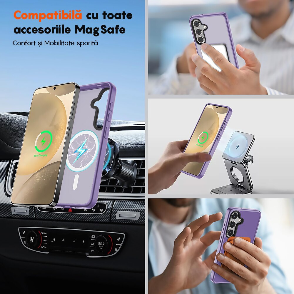 Husa compatibila cu Incarcare Magsafe pentru Samsung Galaxy S24, CASEY STUDIOS™, de Protectie, Slim, pentru Incarcare Wireless, Margini Ridicate pentru Protectia Ecranului si a Camerelor, Mov Deschis
