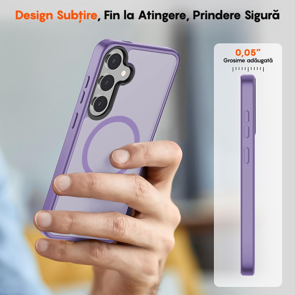 Husa compatibila cu Incarcare Magsafe pentru Samsung Galaxy S24, CASEY STUDIOS™, de Protectie, Slim, pentru Incarcare Wireless, Margini Ridicate pentru Protectia Ecranului si a Camerelor, Mov Deschis