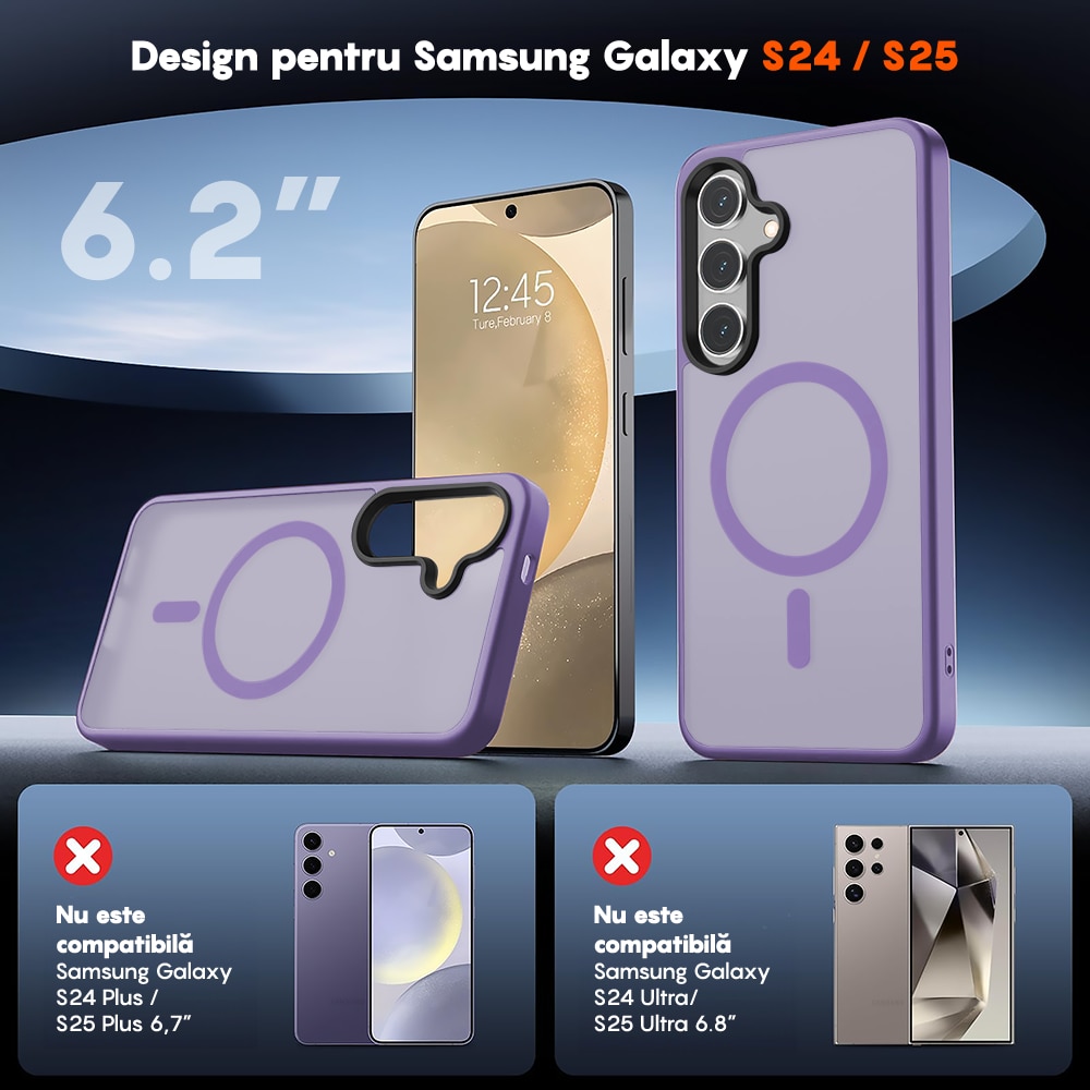 Husa compatibila cu Incarcare Magsafe pentru Samsung Galaxy S24, CASEY STUDIOS™, de Protectie, Slim, pentru Incarcare Wireless, Margini Ridicate pentru Protectia Ecranului si a Camerelor, Mov Deschis