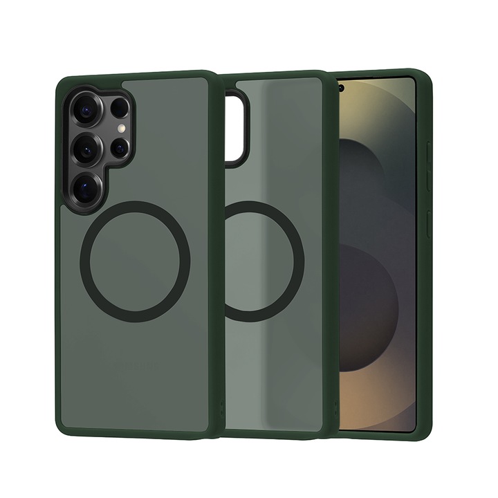 Husa compatibila cu Incarcare Magsafe pentru Samsung Galaxy S25 Ultra, CASEY STUDIOS™, de Protectie, Slim, pentru Incarcare Wireless, Margini Ridicate pentru Protectia Ecranului si a Camerelor, Verde