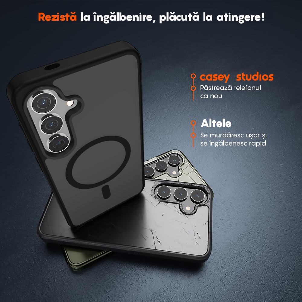 Husa compatibila cu Incarcare Magsafe pentru Samsung Galaxy S25, CASEY STUDIOS™, de Protectie, Slim, pentru Incarcare Wireless, Margini Ridicate pentru Protectia Ecranului si a Camerelor, Negru