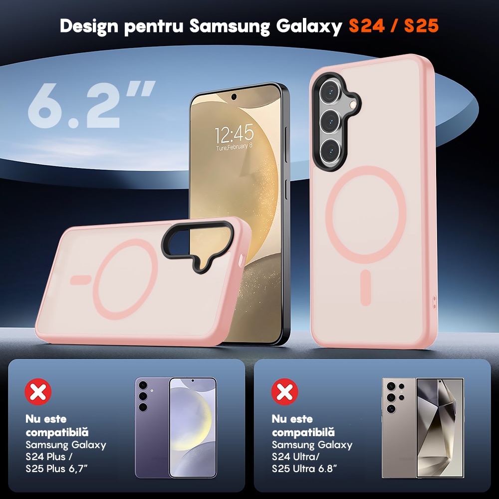 Husa compatibila cu Incarcare Magsafe pentru Samsung Galaxy S25, CASEY STUDIOS™, de Protectie, Slim, pentru Incarcare Wireless, Margini Ridicate pentru Protectia Ecranului si a Camerelor, Roz