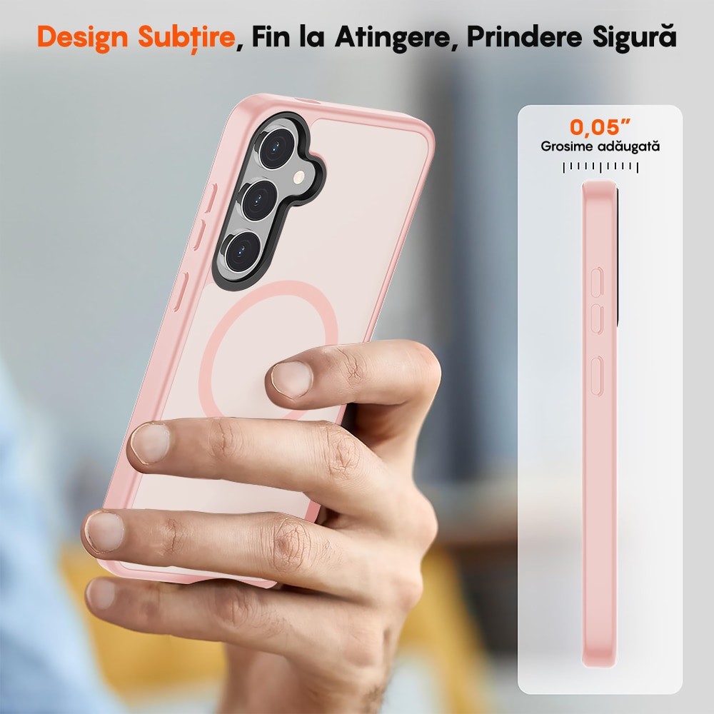 Husa compatibila cu Incarcare Magsafe pentru Samsung Galaxy S25, CASEY STUDIOS™, de Protectie, Slim, pentru Incarcare Wireless, Margini Ridicate pentru Protectia Ecranului si a Camerelor, Roz