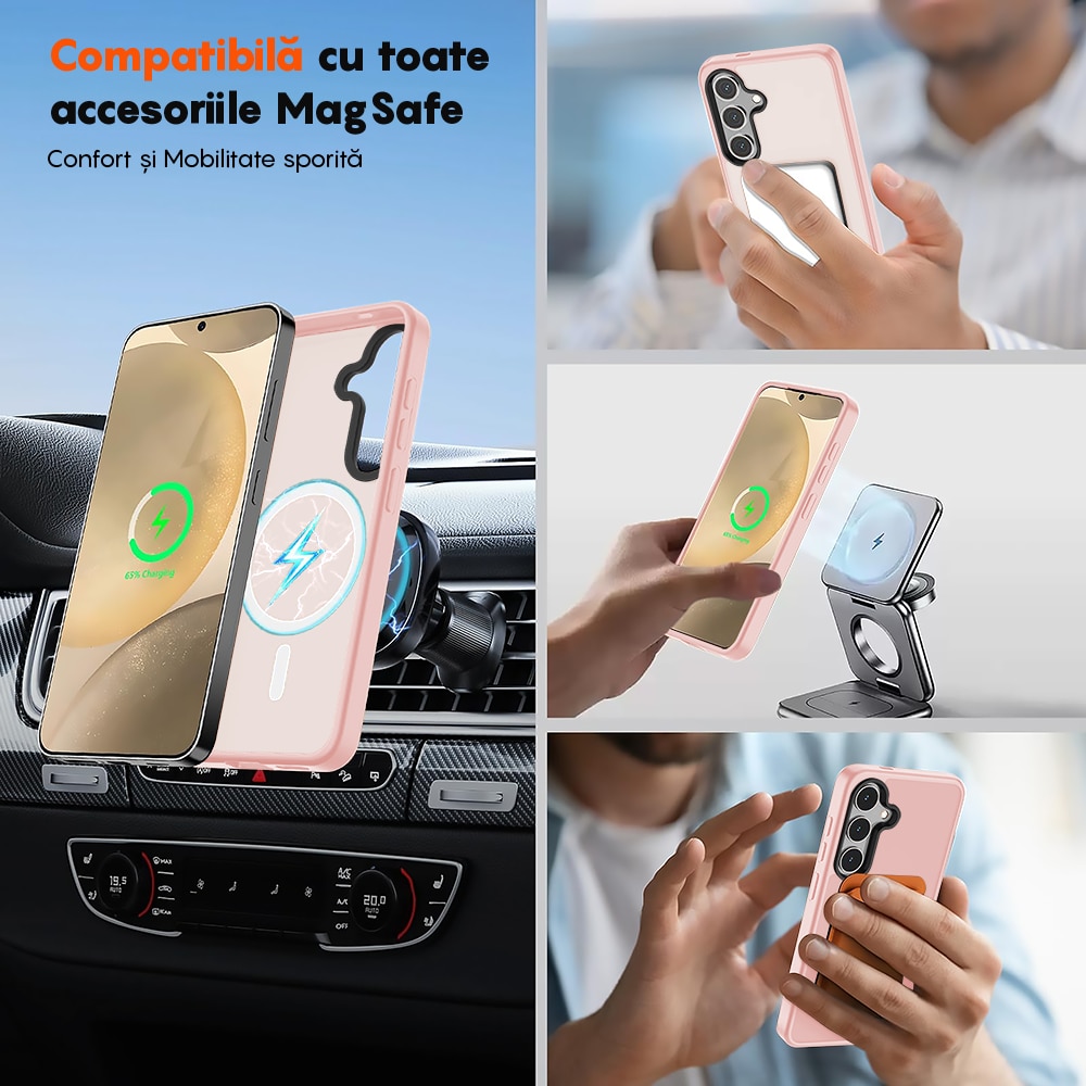 Husa compatibila cu Incarcare Magsafe pentru Samsung Galaxy S25, CASEY STUDIOS™, de Protectie, Slim, pentru Incarcare Wireless, Margini Ridicate pentru Protectia Ecranului si a Camerelor, Roz