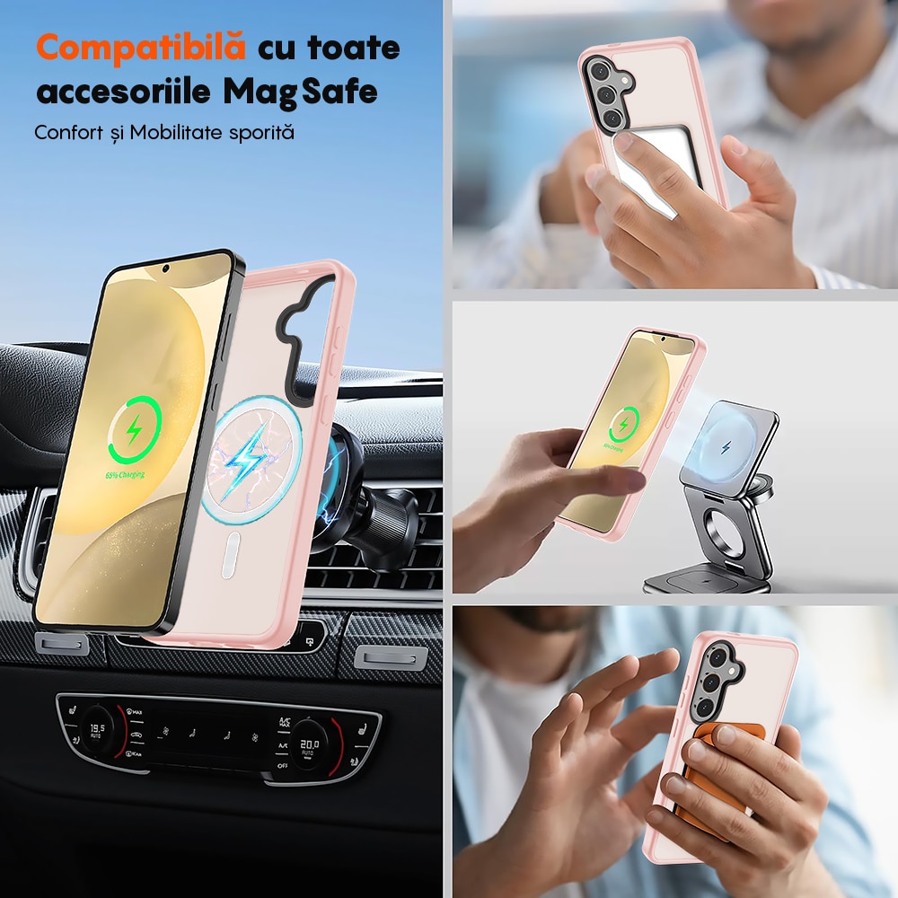 Husa compatibila cu Incarcare Magsafe pentru Samsung Galaxy S24 Plus, CASEY STUDIOS™, de Protectie, Slim, pentru Incarcare Wireless, Margini Ridicate pentru Protectia Ecranului si a Camerelor, Roz