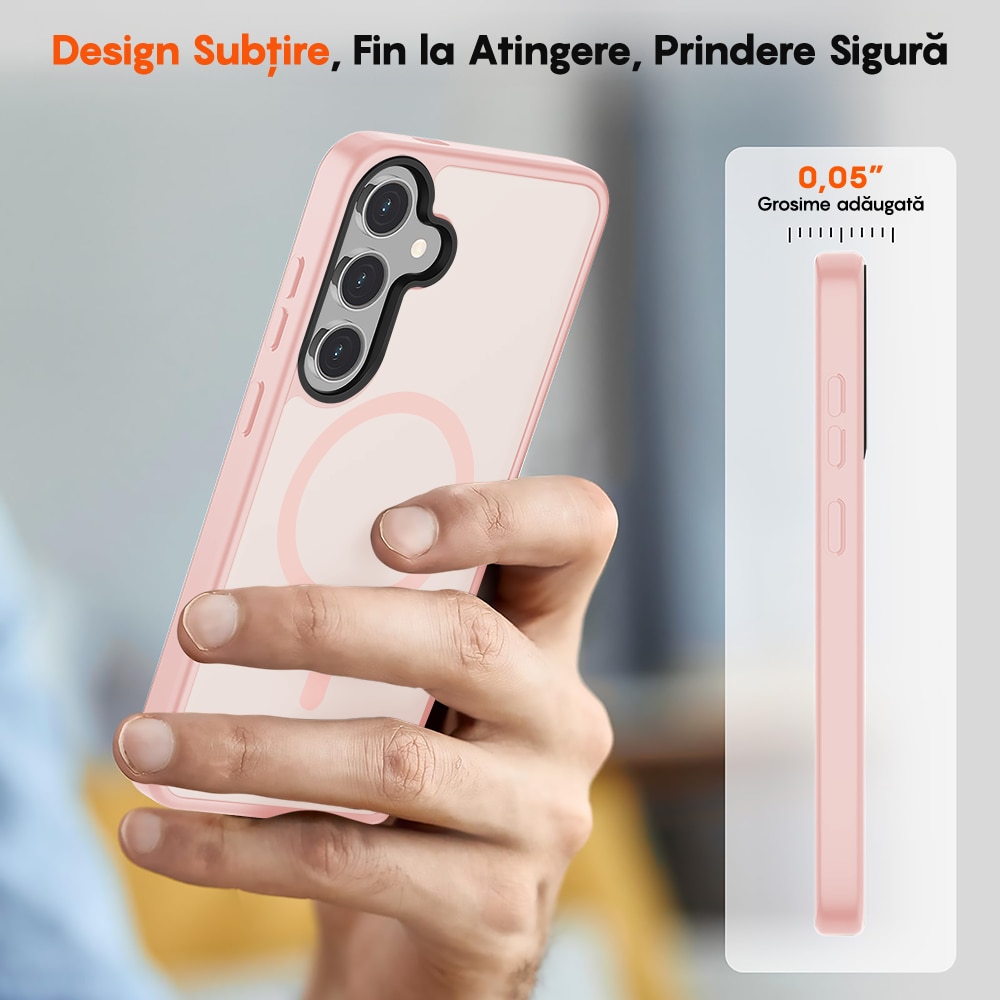 Husa compatibila cu Incarcare Magsafe pentru Samsung Galaxy S24 Plus, CASEY STUDIOS™, de Protectie, Slim, pentru Incarcare Wireless, Margini Ridicate pentru Protectia Ecranului si a Camerelor, Roz