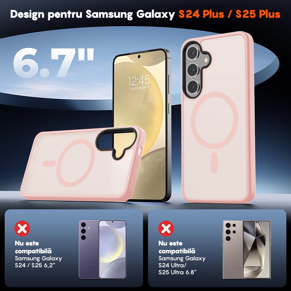 Husa compatibila cu Incarcare Magsafe pentru Samsung Galaxy S24 Plus, CASEY STUDIOS™, de Protectie, Slim, pentru Incarcare Wireless, Margini Ridicate pentru Protectia Ecranului si a Camerelor, Roz