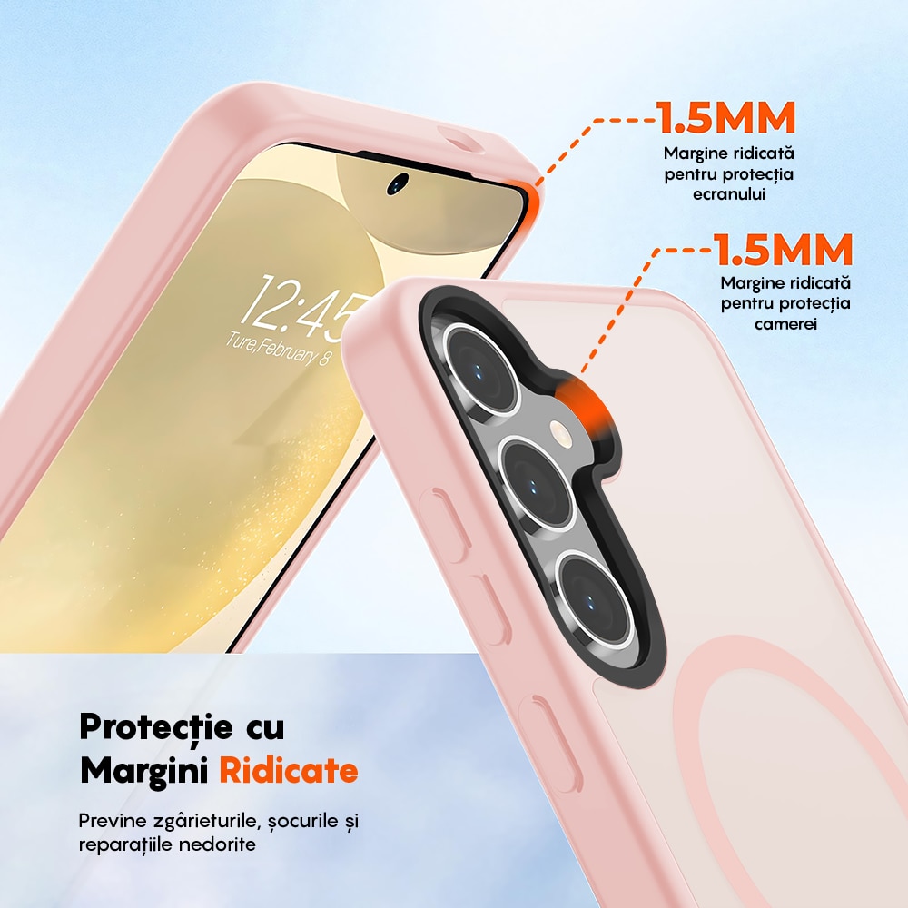 Husa compatibila cu Incarcare Magsafe pentru Samsung Galaxy S24 Plus, CASEY STUDIOS™, de Protectie, Slim, pentru Incarcare Wireless, Margini Ridicate pentru Protectia Ecranului si a Camerelor, Roz