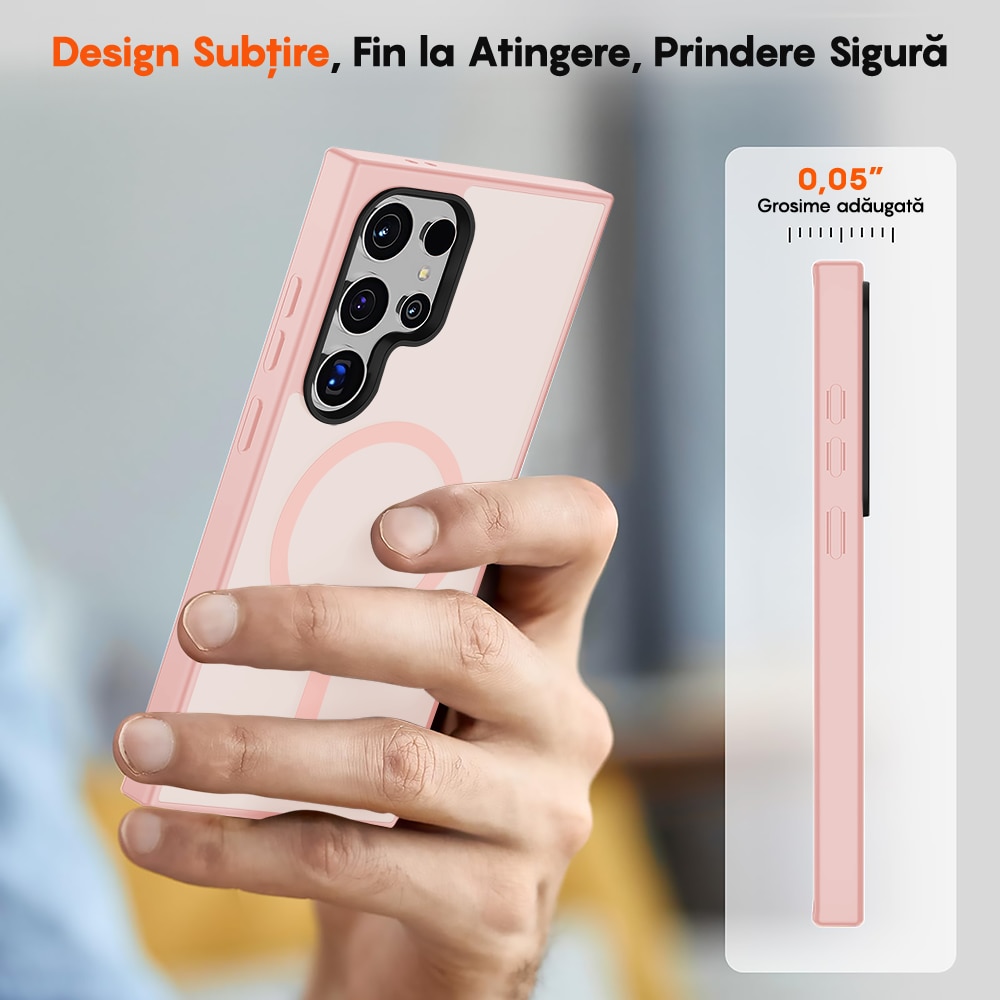 Husa compatibila cu Incarcare Magsafe pentru Samsung Galaxy S24 Ultra, CASEY STUDIOS™, de Protectie, Slim, pentru Incarcare Wireless, Margini Ridicate pentru Protectia Ecranului si a Camerelor, Roz
