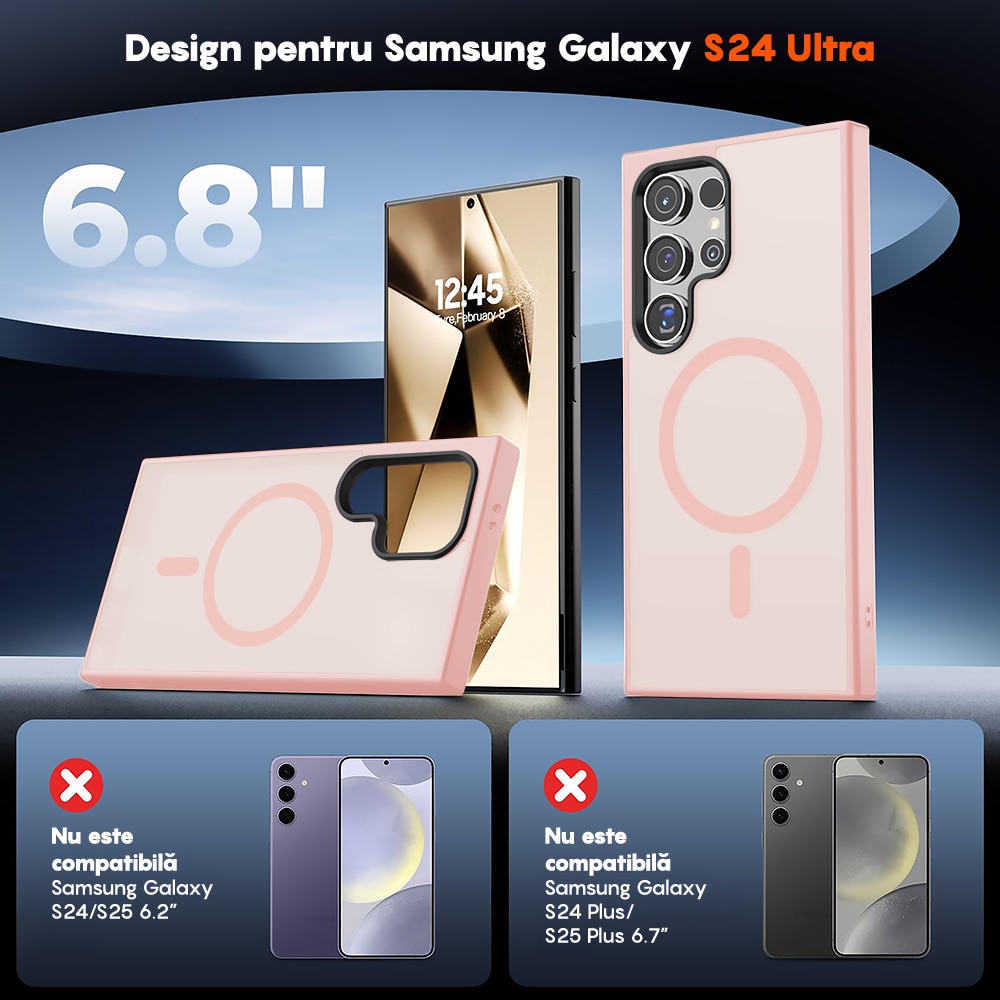 Husa compatibila cu Incarcare Magsafe pentru Samsung Galaxy S24 Ultra, CASEY STUDIOS™, de Protectie, Slim, pentru Incarcare Wireless, Margini Ridicate pentru Protectia Ecranului si a Camerelor, Roz