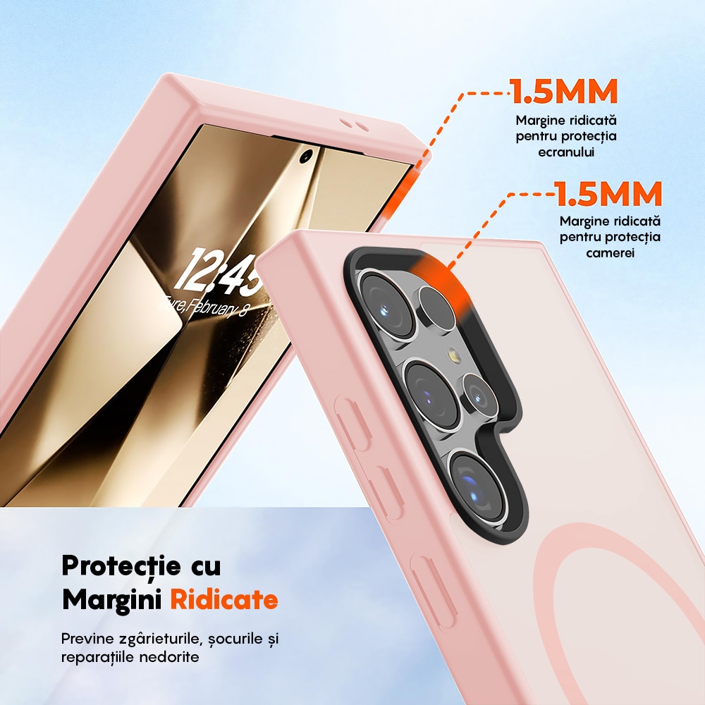 Husa compatibila cu Incarcare Magsafe pentru Samsung Galaxy S24 Ultra, CASEY STUDIOS™, de Protectie, Slim, pentru Incarcare Wireless, Margini Ridicate pentru Protectia Ecranului si a Camerelor, Roz