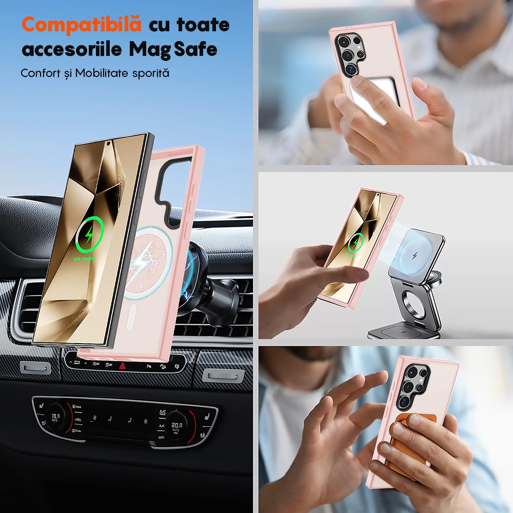Husa compatibila cu Incarcare Magsafe pentru Samsung Galaxy S24 Ultra, CASEY STUDIOS™, de Protectie, Slim, pentru Incarcare Wireless, Margini Ridicate pentru Protectia Ecranului si a Camerelor, Roz