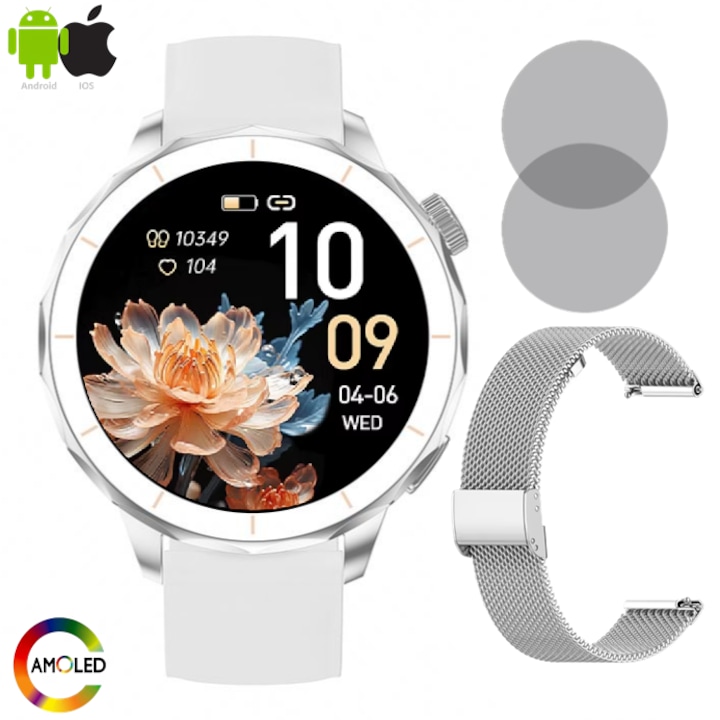 ZENARK® WatchH 65 PRO női okosóra, 2 karkötő, 1,32 hüvelykes Ultra HD 4K AMOLED képernyő, dedikált WhatsApp, hangrögzítő, decibelszint, értesítések/hívások/SMS/közösségi média, alvás, pulzusszám, vérnyomás, IP68 vízálló, Bluetooth, ezüst