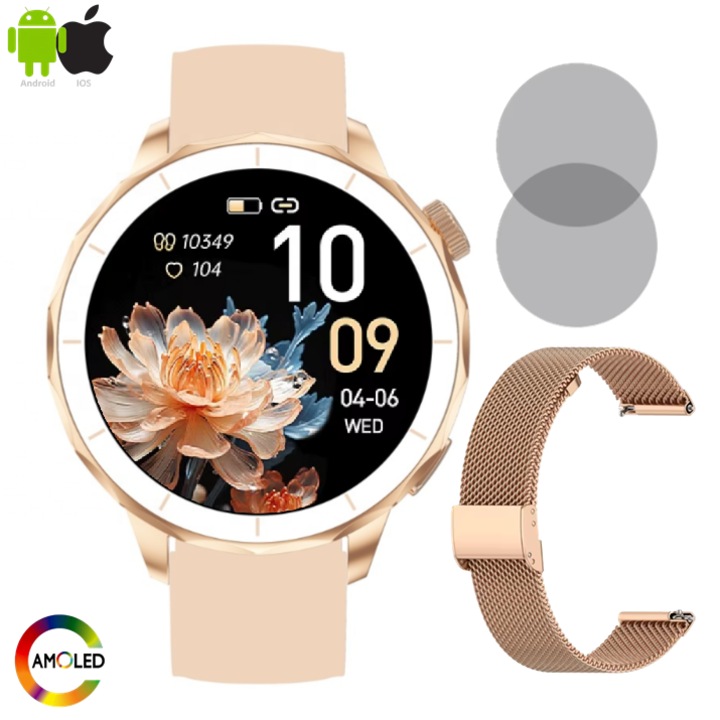 ZENARK® WatchH 65 PRO női okosóra, 2 karkötő, 1,32 hüvelykes Ultra HD 4K AMOLED képernyő, dedikált WhatsApp, hangrögzítő, decibelszint, értesítések/hívások/SMS/közösségi média, alvás, pulzusszám, vérnyomás, IP68 vízálló, Bluetooth, arany