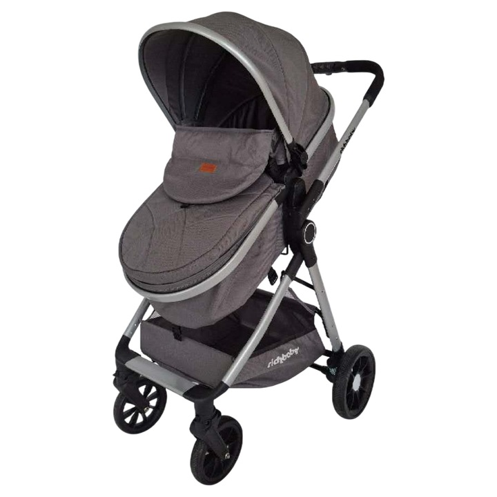 Количка 2 в 1 Rich Baby, сребърна със сиво, подвижен кош за новородено, компактно сгъване, 0-36 месеца