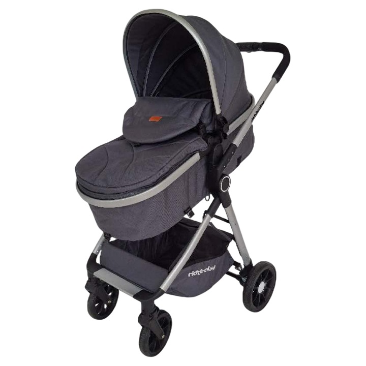 Количка 2 в 1 Rich Baby, трансформиращ се кош за новородено в седалка, сребрист с тъмно сиво, 0-36 месеца, бързо сгъване, тегло 9.3кг