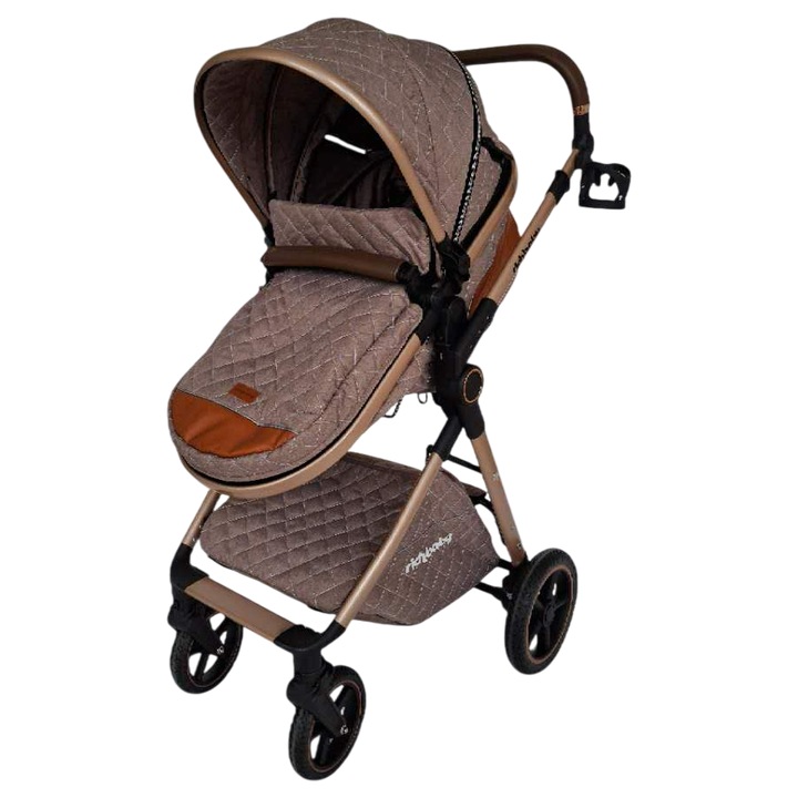 Количка 3 в 1 Rich Baby, златиста/каки, ​​свалящ се кош за новородено, регулируема облегалка, 0-36 месеца