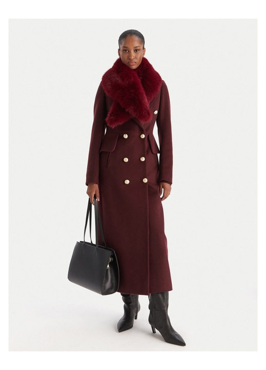 Palton dama, Yes London, bordeaux, lana si poliester, lungime sub genunchi, maneca lunga, 42 EU