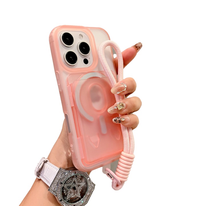 Husa telefon magnetica card holder lanyard transparent compatibila cu iPhone 15 Pro roz, Roz