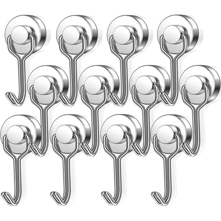 Carlige magnetice, Bedee, set de 12, 20 mm, rezista pana la 15 kg, metal rezistent la rugina, rotativ