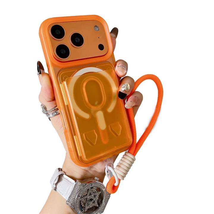 Husa telefon pentru iPhone 17 Pro Max, suport magnetic pentru carduri, design subtire, transparent, cu lanyard, protectie socuri, Portocaliu